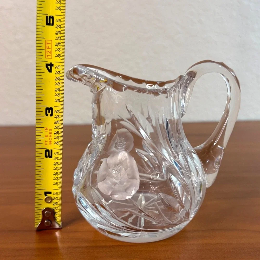 Vintage Lead Crystal Frosted Rose Creamer Pitcher Cut Glass Floral 4.25 Inch